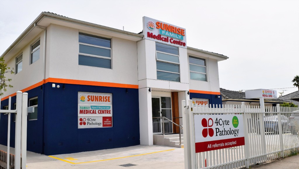Exterior of Sunrise Family Medical Centre with signage and 4Cyte Pathology